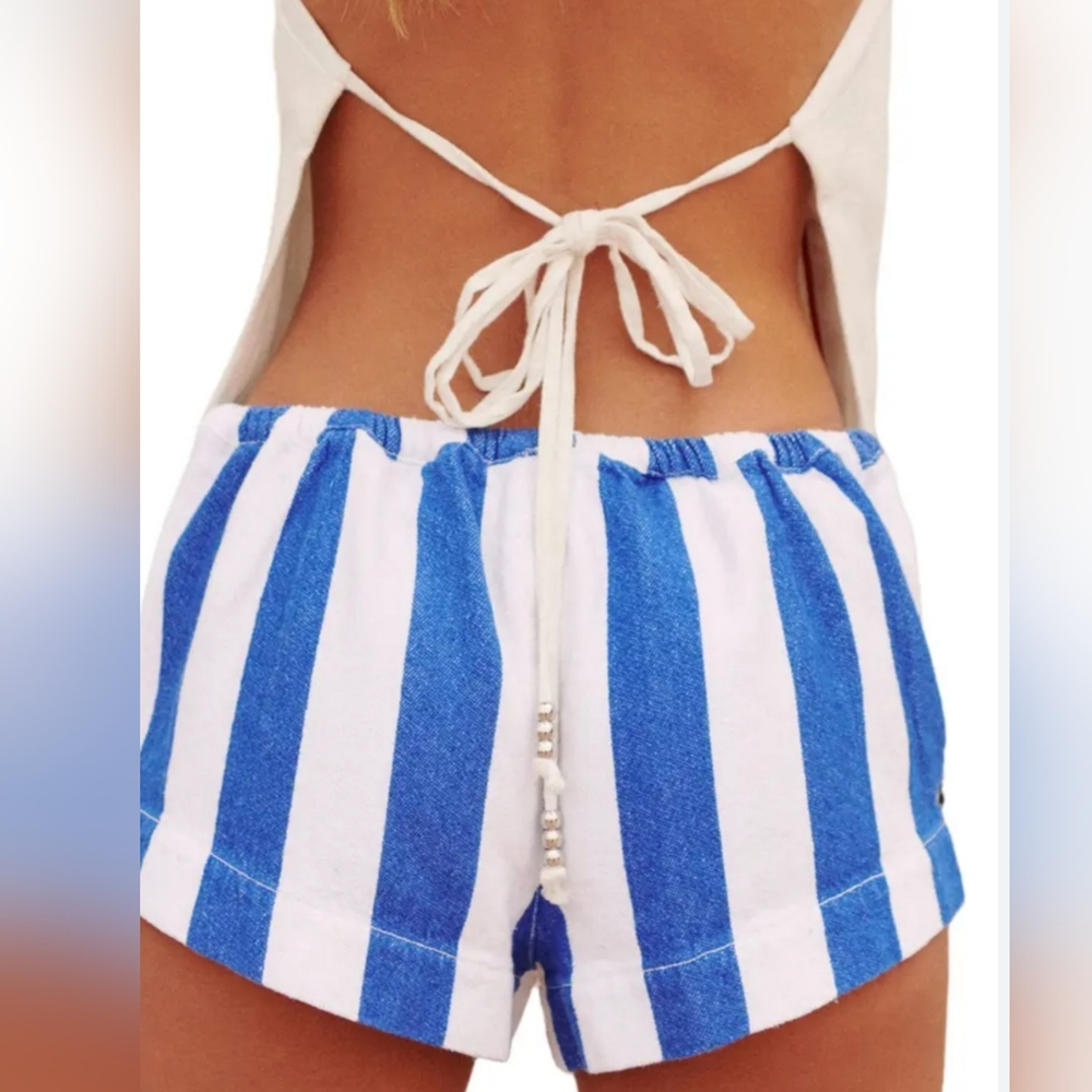 Free People Blue & White Striped Drawstring Hot Hot Hot Shorts - Picture 2 of 9